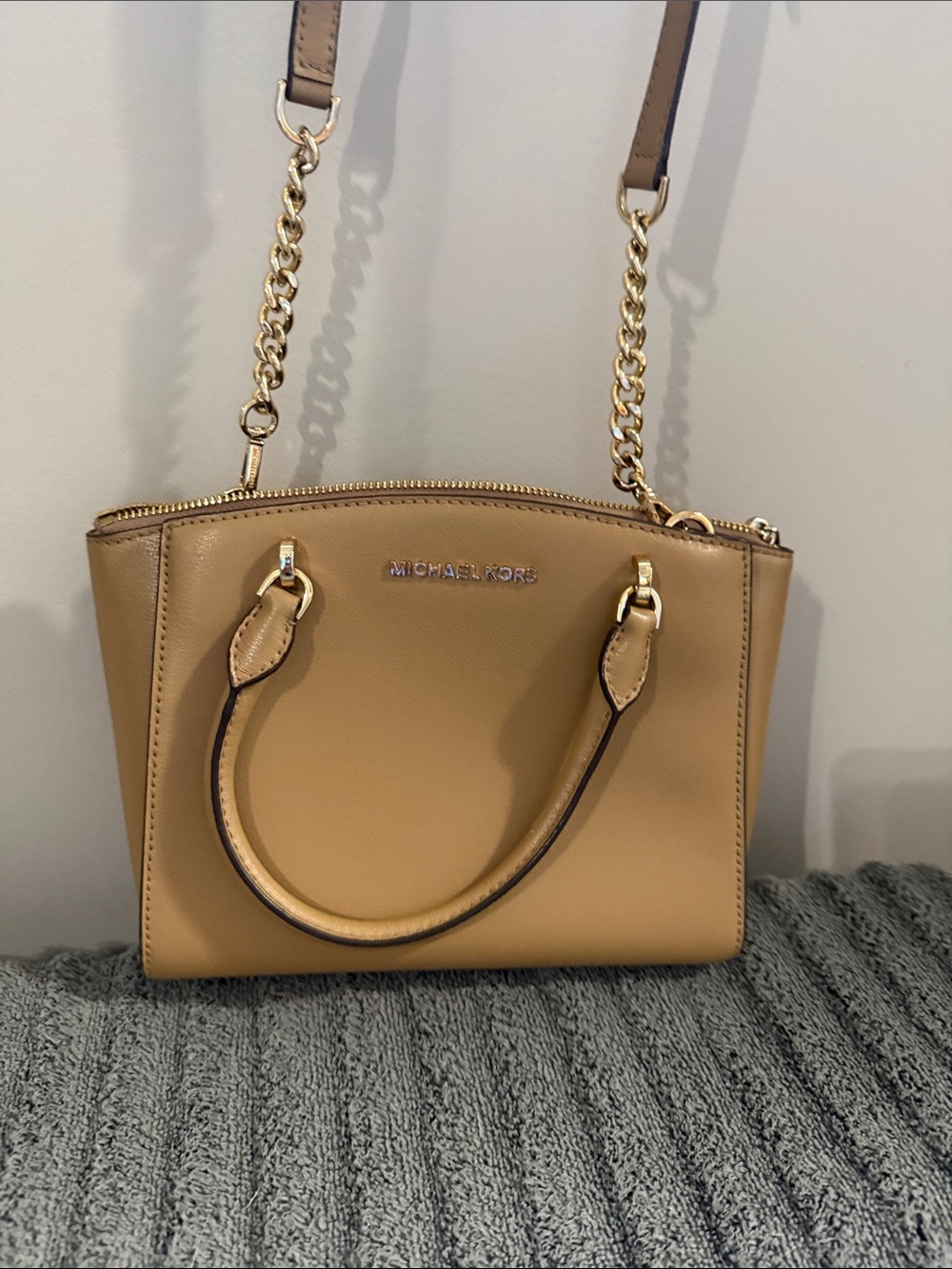 Michael Kors Camel Satchel with Gold Chain Trim